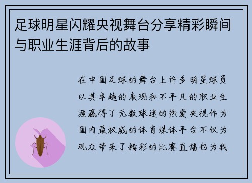 足球明星闪耀央视舞台分享精彩瞬间与职业生涯背后的故事