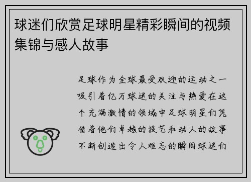 球迷们欣赏足球明星精彩瞬间的视频集锦与感人故事